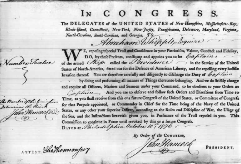 Abraham's Commission from the Congress of the United States, October 10, 1776